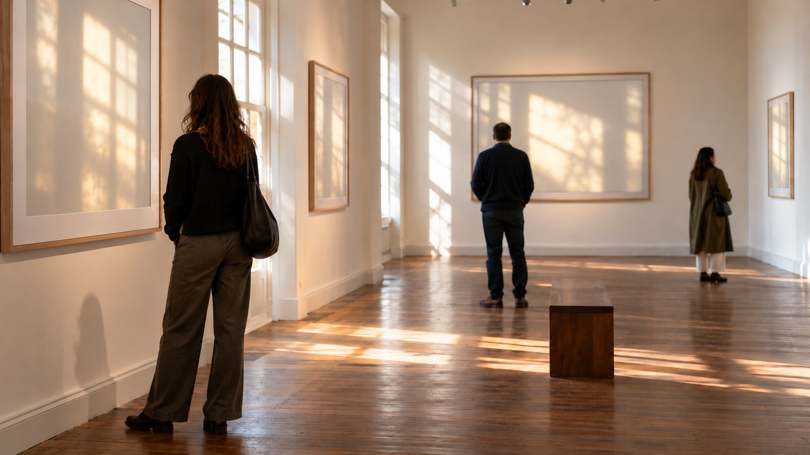 A few visitors quietly looking at photographs in a white-walled gallery in afternoon light.