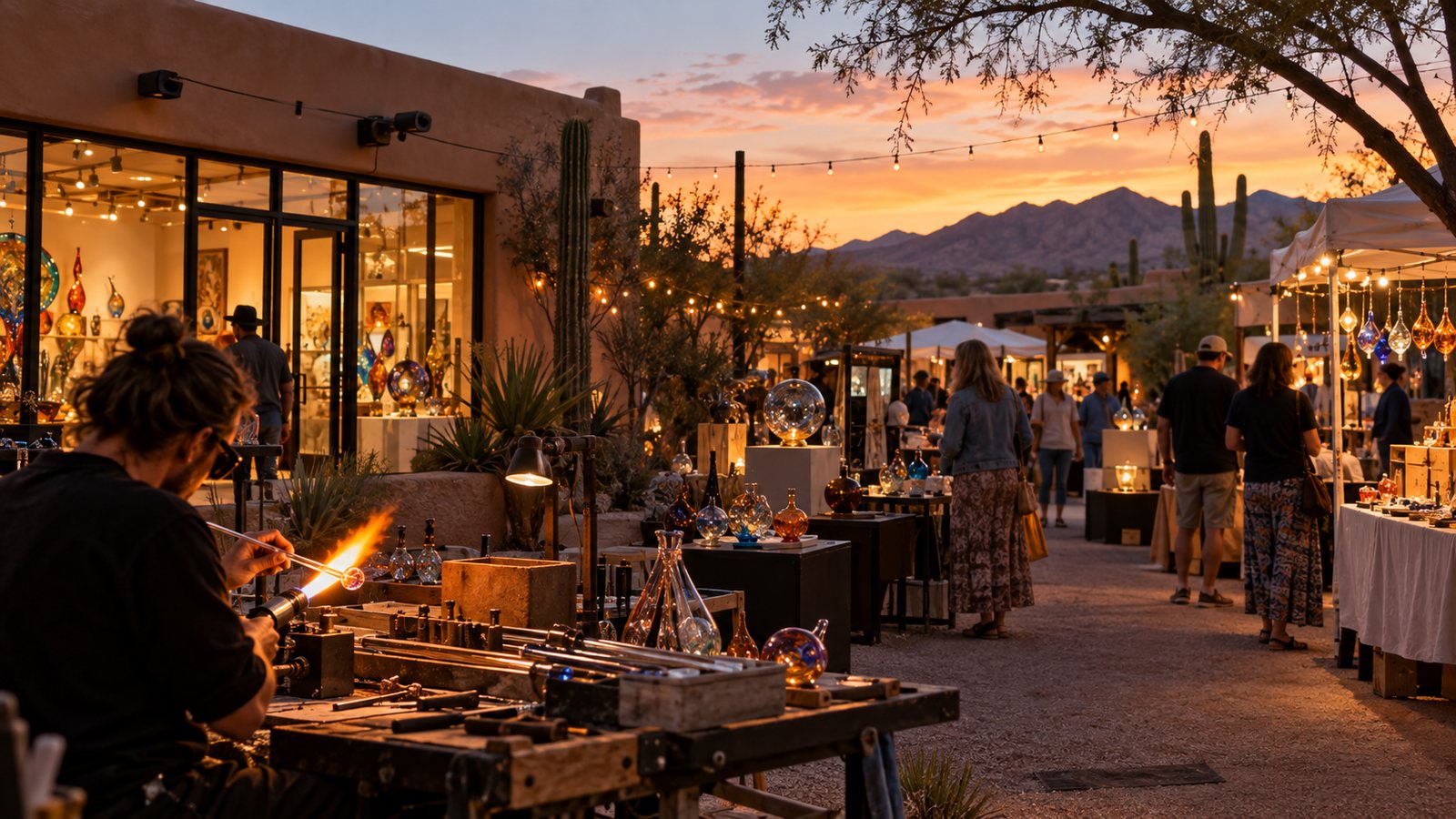 An evening market outside a small glass gallery, with stalls and a maker shaping glass in a torch flame in the foreground.