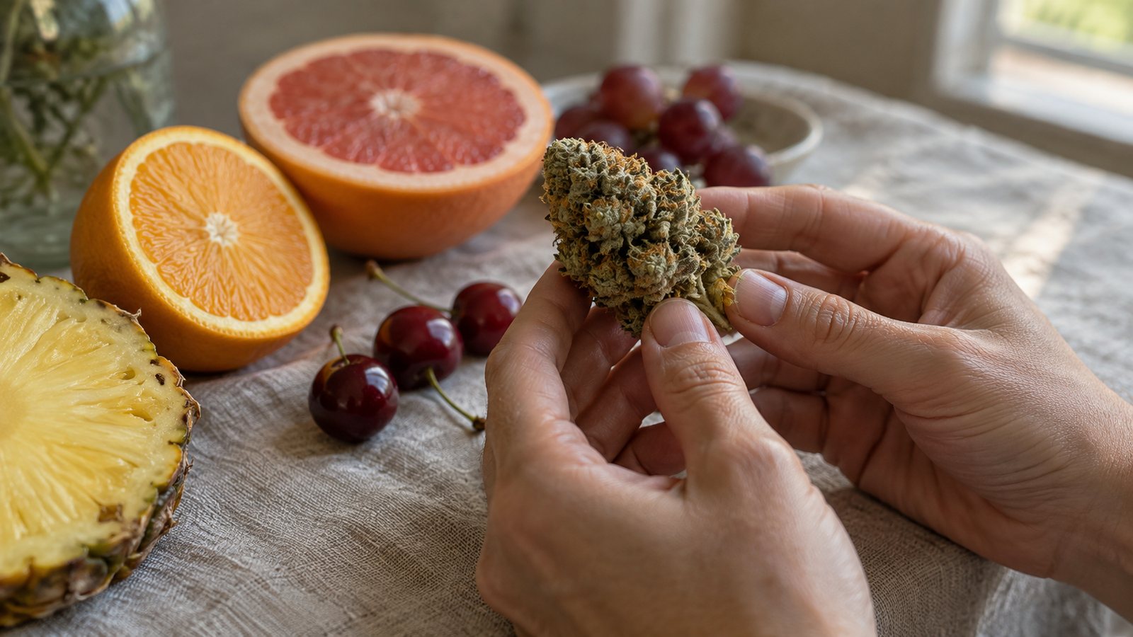 Two hands holding a single cannabis bud up to the window light, with halved citrus, pineapple and cherries on a linen tablecloth.